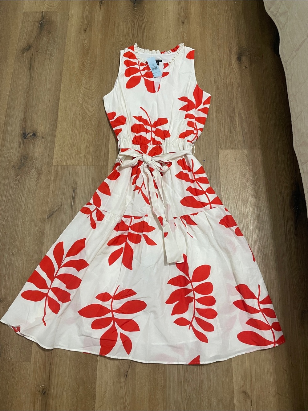 Ann Taylor White Midi Dress with Red Leaf Print and Waist Tie